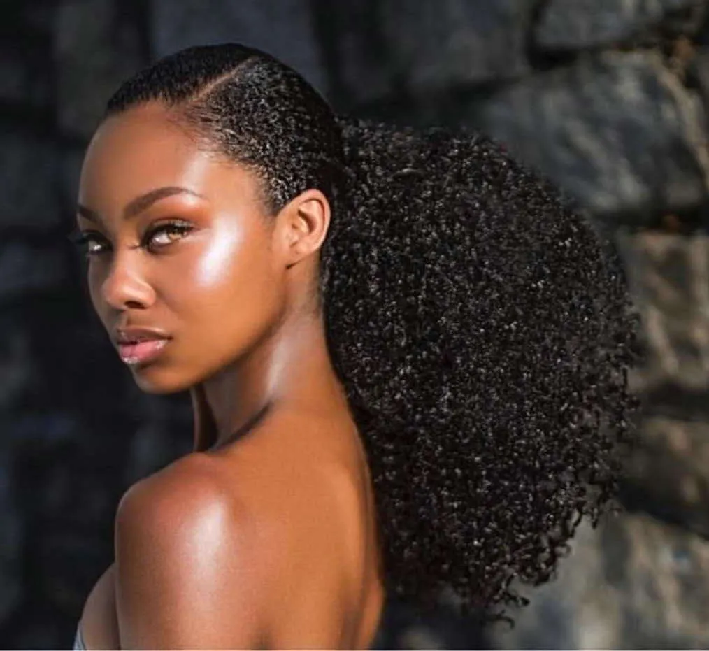 3C 4a Afro Kinky Curly Ponytails Przedłużenie włosów dla czarnych kobiet afrykańskich długie klipy 100% ludzkiej kok puff dziewiczy kolor # 1