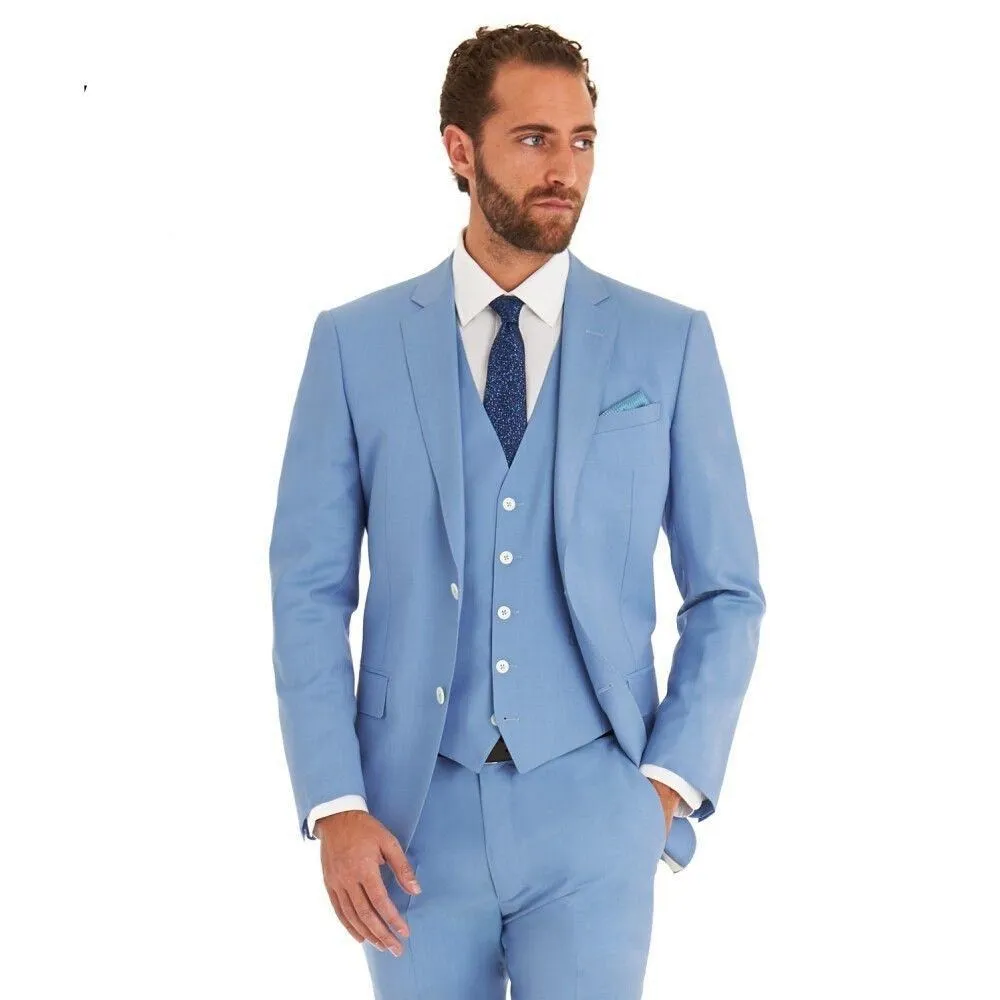 Yeni Gelenler İki Düğme Işık Mavi Damat Smokin Groomsmen Çentik Yaka En Iyi Adam Blazer Erkek Düğün Takım Elbise (Ceket + Pantolon + Yelek + Kravat) H: 885