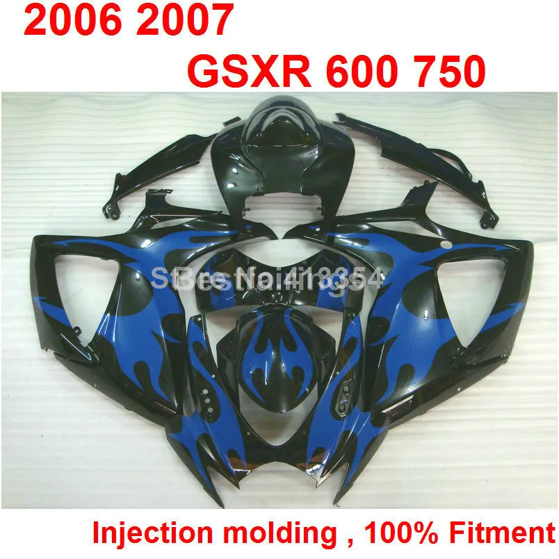 Grátis personalizado kit de carenagem de moldagem Por Injeção para SUZUKI GSXR600 GSXR750 2006 2007 preto azul chamas GSXR 600 750 06 07 FD35