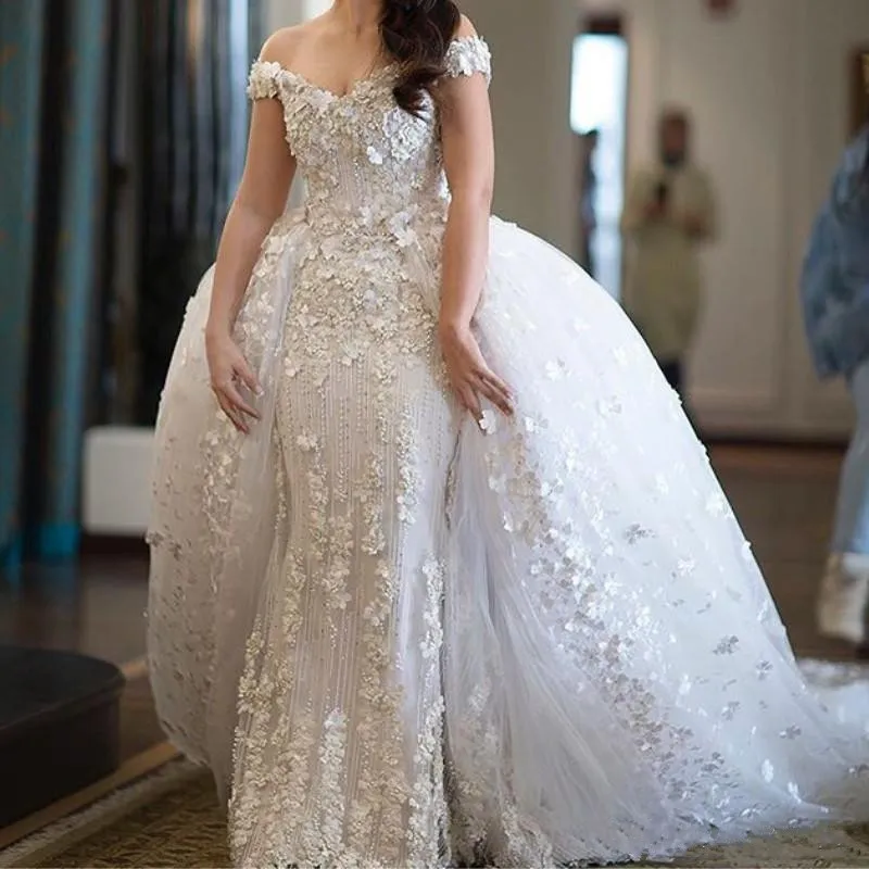 Glamorous Ayrılabilir Mermaid Gelinlik Kapalı Omuz Boncuk 3D Yaprakları Aplike Gelin Törenlerinde Büyü Suudi Arabistan Vestido De Novia