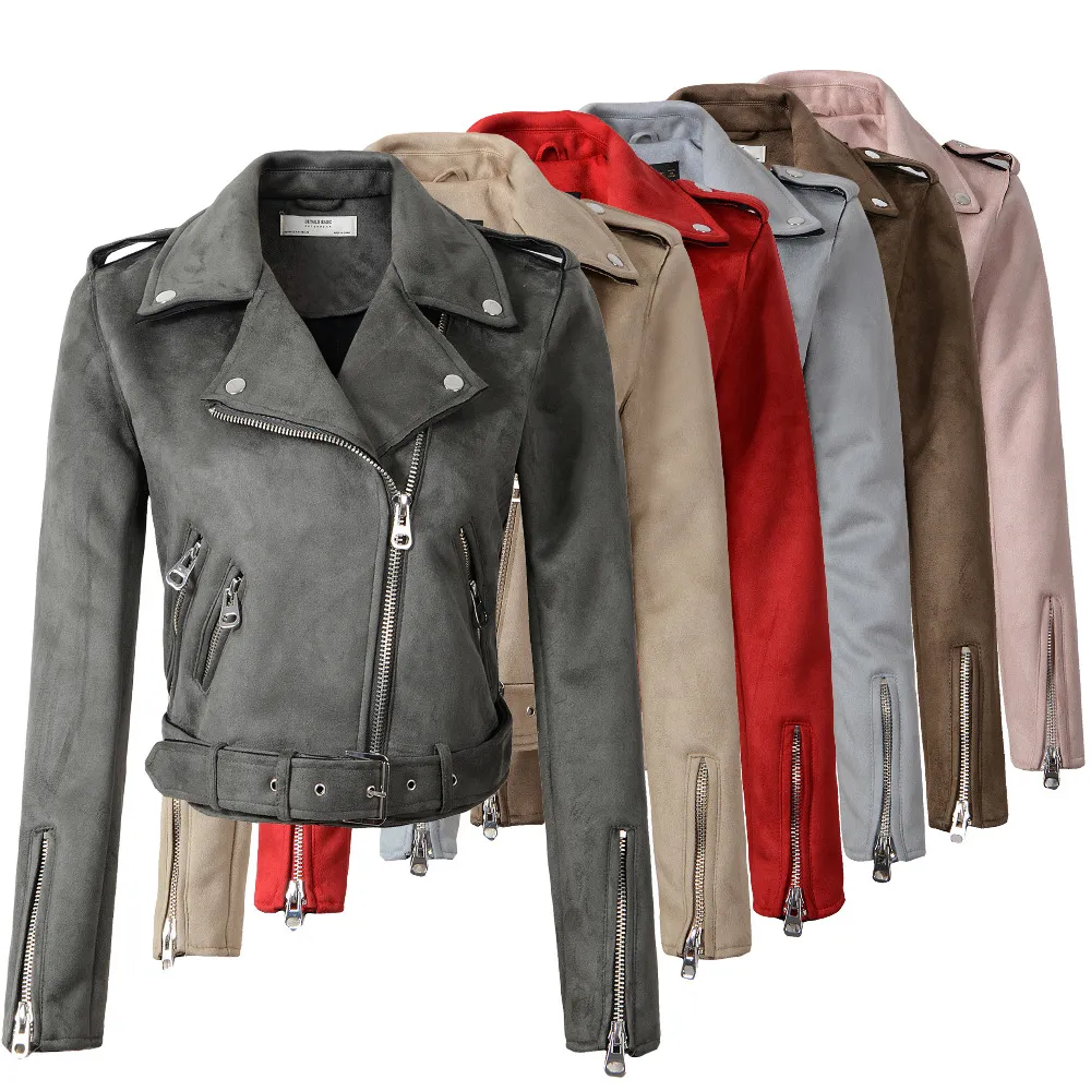 Atacado-2018 Nova Arriança Mulheres Outono Inverno Camurça Casacos De Couro Faux Lady Moda Matte Motorcycle Casaco Biker Cinza Rosa Bege Outwear