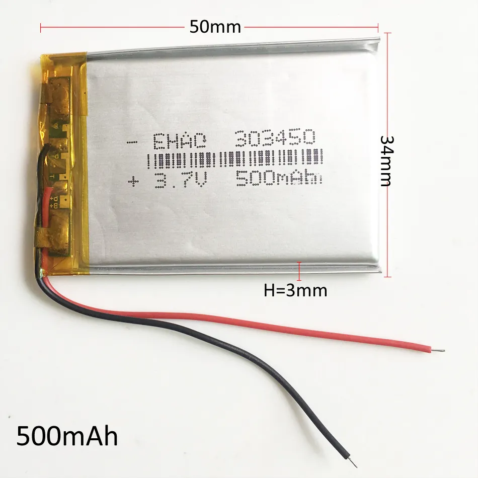 3.7V 500MAH 303450 Lithium Polymer Uppladdningsbart Batteri Lipoceller Li-Ion Power för MP3 Headphone DVD GPS Mobiltelefon Kamera PSP-spelleksaker