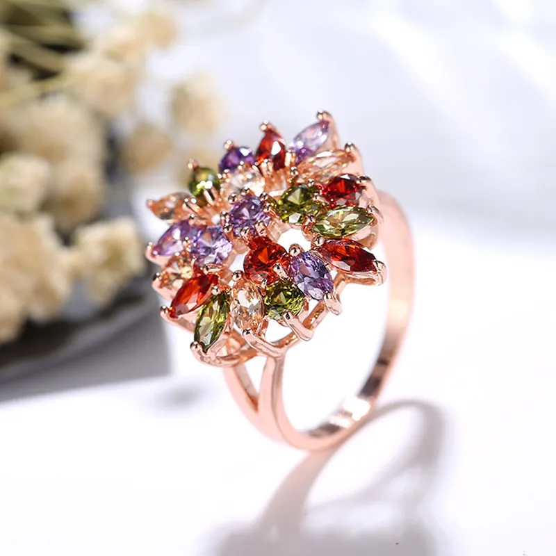 Vecalon New Flower Style Mutil Colors 5A Zircon CZ Rose Gold Fyllda Halsband Örhinge Ring Smycken Set för Kvinnor