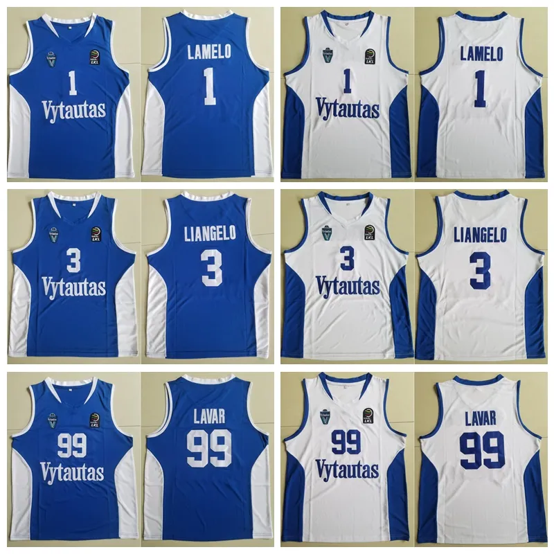 Män Litauen Prienu VyTautas Basketskjorta 1 Lamelo Ball Jersey 3 Liangelo Ball Uniform 99 Lavar Ball All Stitched Bra Team Blue White