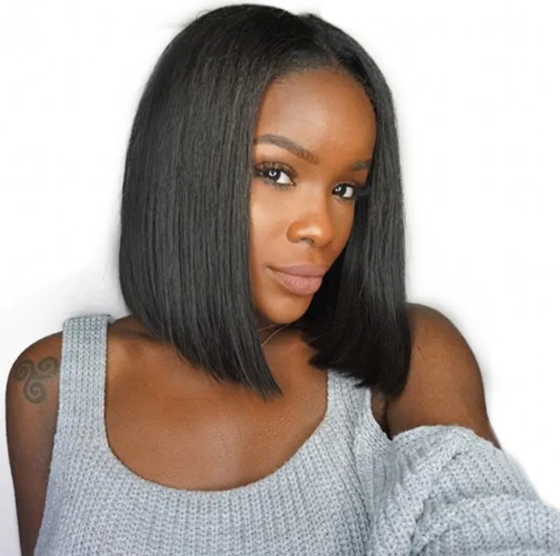 Short Bob Lace Front Wigs Middle Part Brazilian Straight Human Hair Wig For Women Natural Color 130%