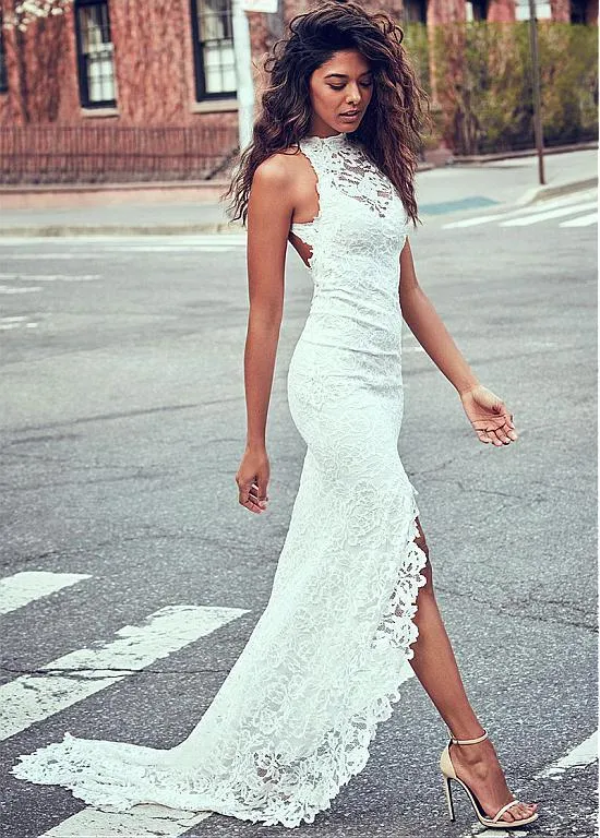 2018 Yeni Vintage Batı Bohemian Dantel Gelinlik Halter Sheer Açık Geri Plaj Mermaid Gelinlikler Bahçe Ülke Robe De Mariage için