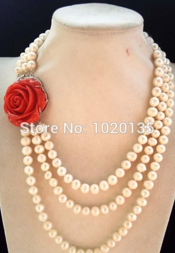 Collier de perles d'eau douce à 3 rangées, blanc, presque rond, 8-9mm, 17-20 pouces, fermoir à fleur rouge, vente en gros, cadeau, remise nature