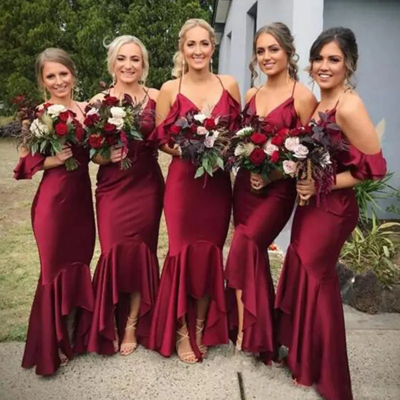 Sexy burgundy bridesmaid dresses Spaghetti Strapls Sleeveless Hi Low Asymmetrical Hem Ruffles Wedding Party Formal Gowns Maid of Honor