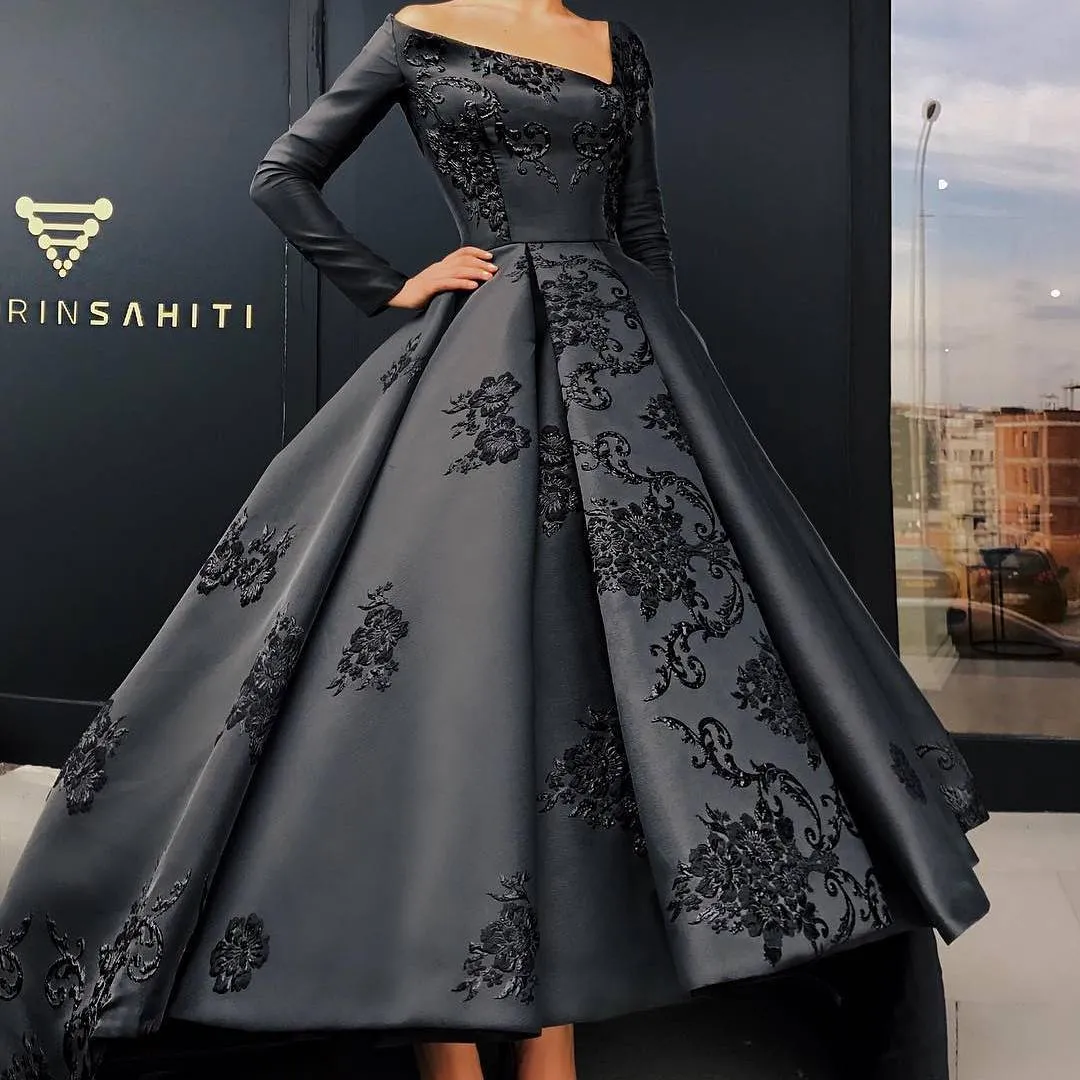 Elegant Long Sleeve Evening Gown Unique V-Neck Embroidery Applique Satin High-Low Prom Dresses Custom Made S Arabia Formal Party Dresses6055632