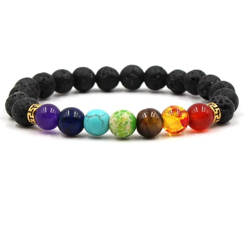 7 Style Rainbow Chakras Huile Essentielle Diffuseur De Parfum 8mm Noir Pierre De Lave Perles Bracelet Rainbow Balance Bracelet Stretch Hommes Bijoux