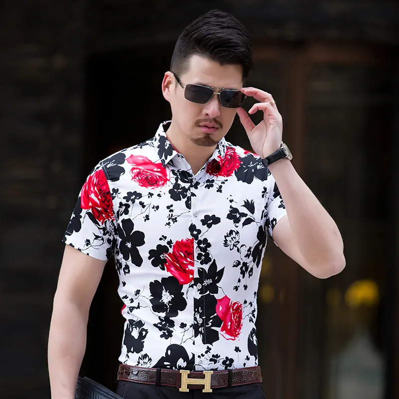 Hohe Qualität Mens Casual Hemd 2018 Neue Drehen Unten Kragen Sozialen Hemd Männer Slim Fit Kurzarm Business Floral Hemd männlichen M-7XL