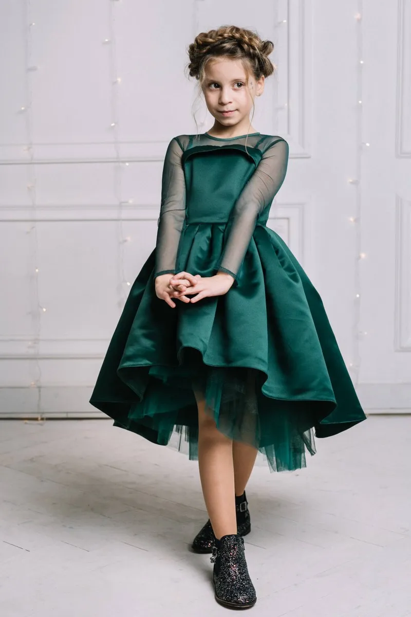 Платья для девочек Hunter Green Flower для свадеб с прозрачными длинными рукавами