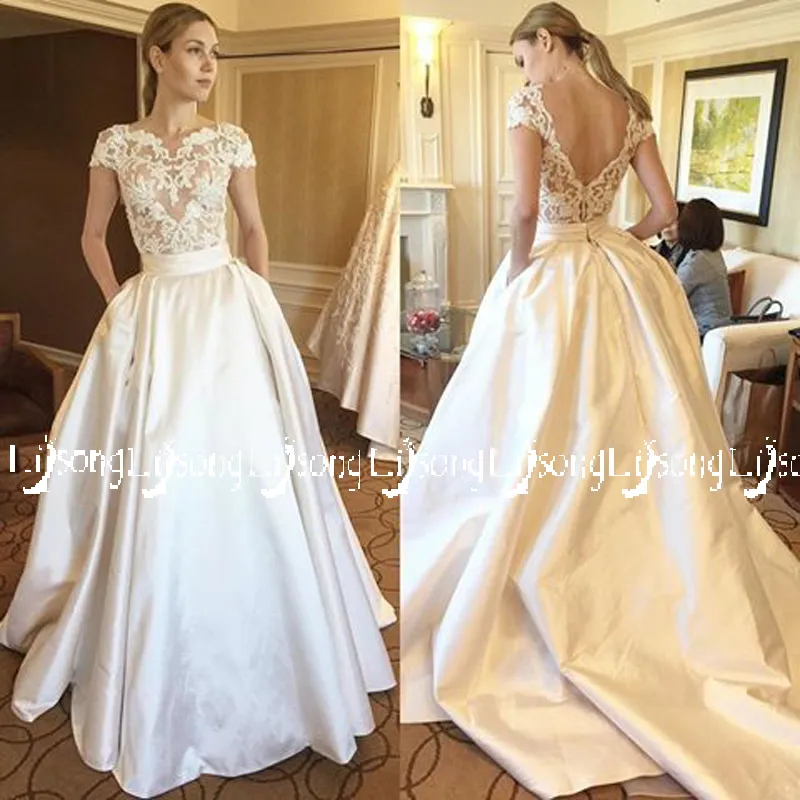 Två bitar bröllopsklänning spets topp och satin botten kjol med fickor vestido de casamento brud maxi formella klänningar vita brud sätter lång