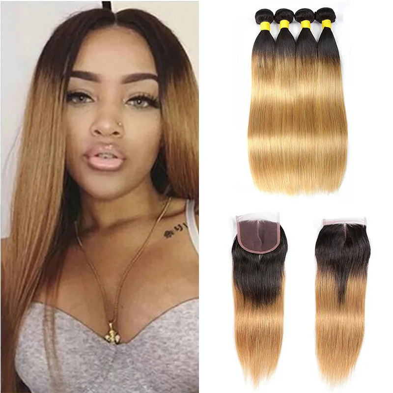 Braziliaanse Rechte Ombre Menselijk Haar Weave Bundels met Kantsluiting Twee Tone 1b / 27 # Braziliaanse Blonde Maagd Hair Extensions met Sluiting