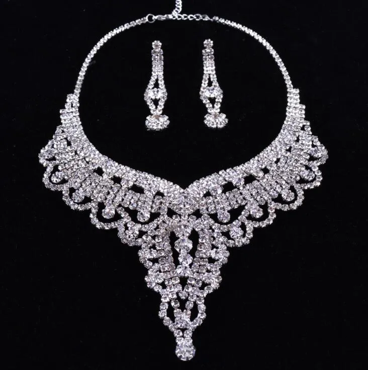 New In Stock Crystals Wedding Bride Jewelry Accessaries Set (Earring + Necklace) Crystal Leaves Design With Faux Pearls HKL526