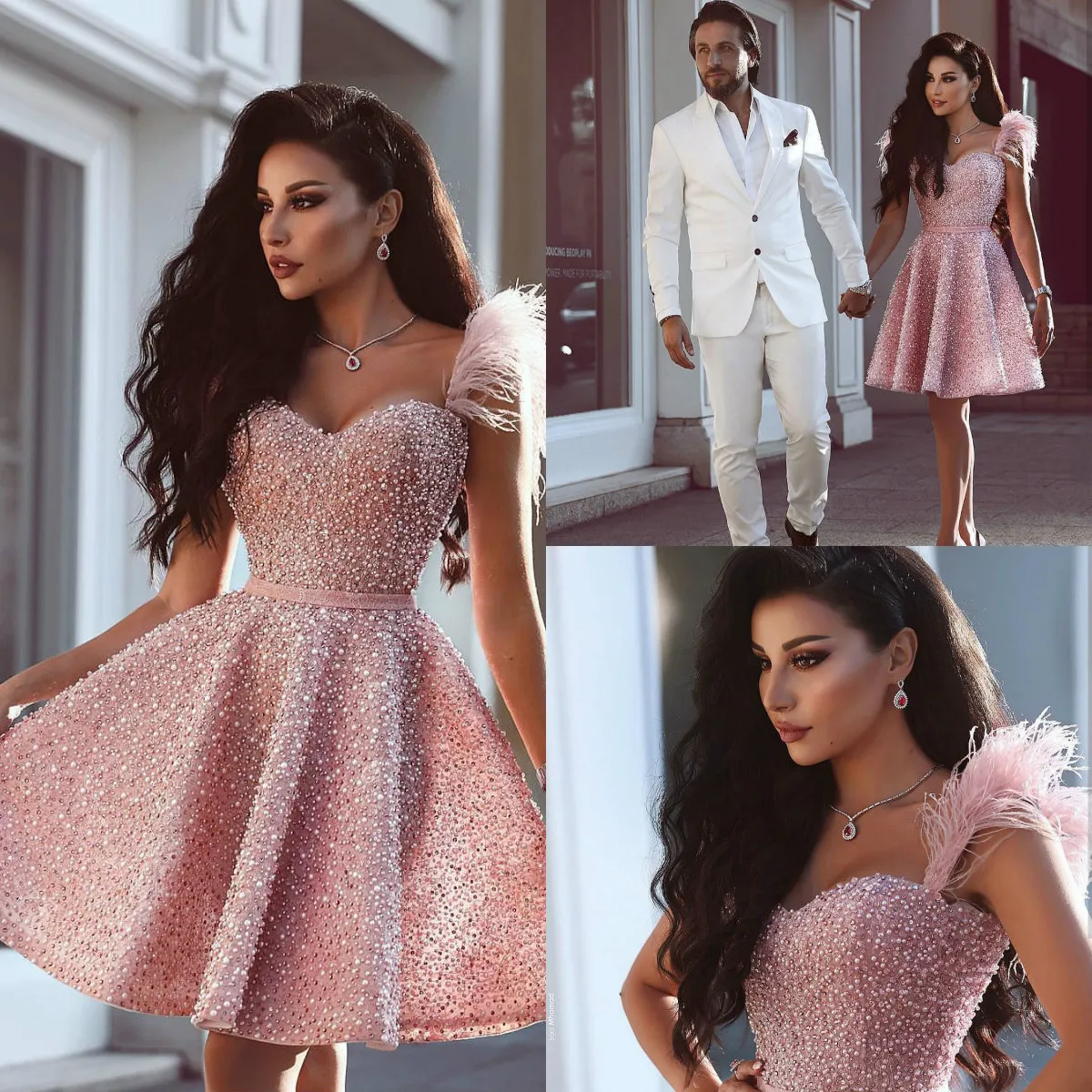 Lyxig skräddarsydd prom klänning knä längd stora pärlor paljetter rosa fjädrar design homecoming party kappor kväll klänningar
