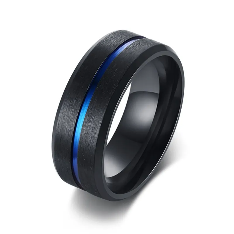 Stylish 8mm Stainless Steel Black Mens Blue Tungsten Rings With Blue
