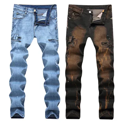 Hot Sales Male Biker Jeans High Qulaity Zipper Designer Tryckt Broken Stor Storlek Straight Pants Streetwear
