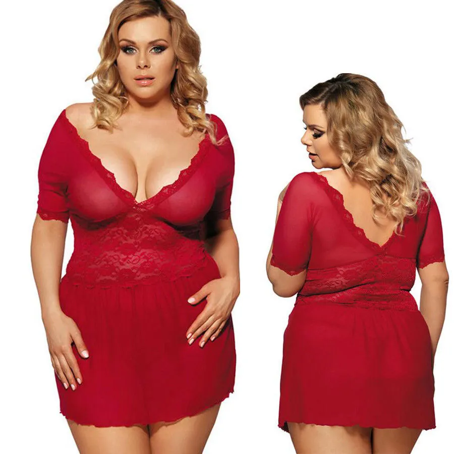 sexy lingerie plus size red nighty lace mesh v-neck babydoll sleepwear dress #R68