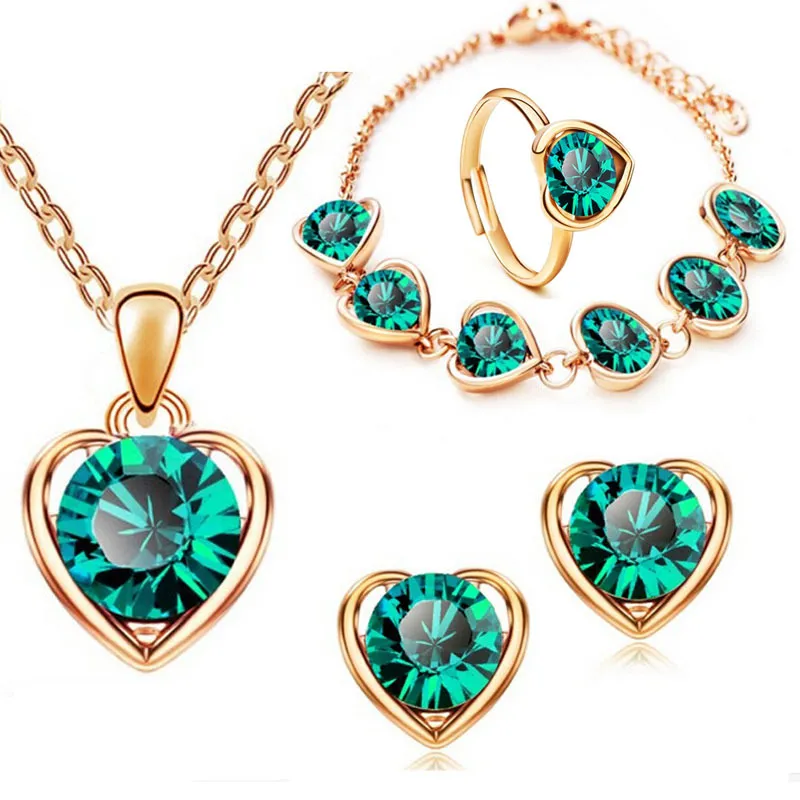 5 ensembles/lot pendentif en forme de coeur collier clous d'oreilles ensembles de bagues incrustés de cristal scintillant décorer longueur réglable ornements de cadeau de saint valentin