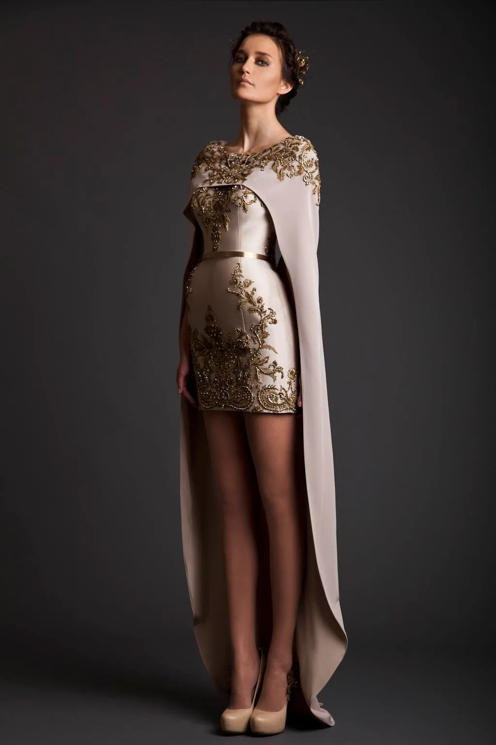 2019 New Vintage Krikor Jabotian Evening Dresses Shereath 긴 별도의 케이프 자수 새틴 짧은 샴페인 댄스 파티 드레스 8442823