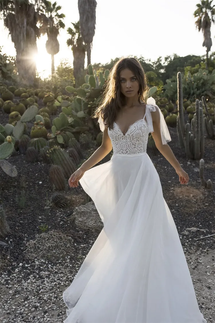 boho beaded dress Boho Beaded Lace Bell Sleeves Fit and Flare Wedding Gown main image 0
