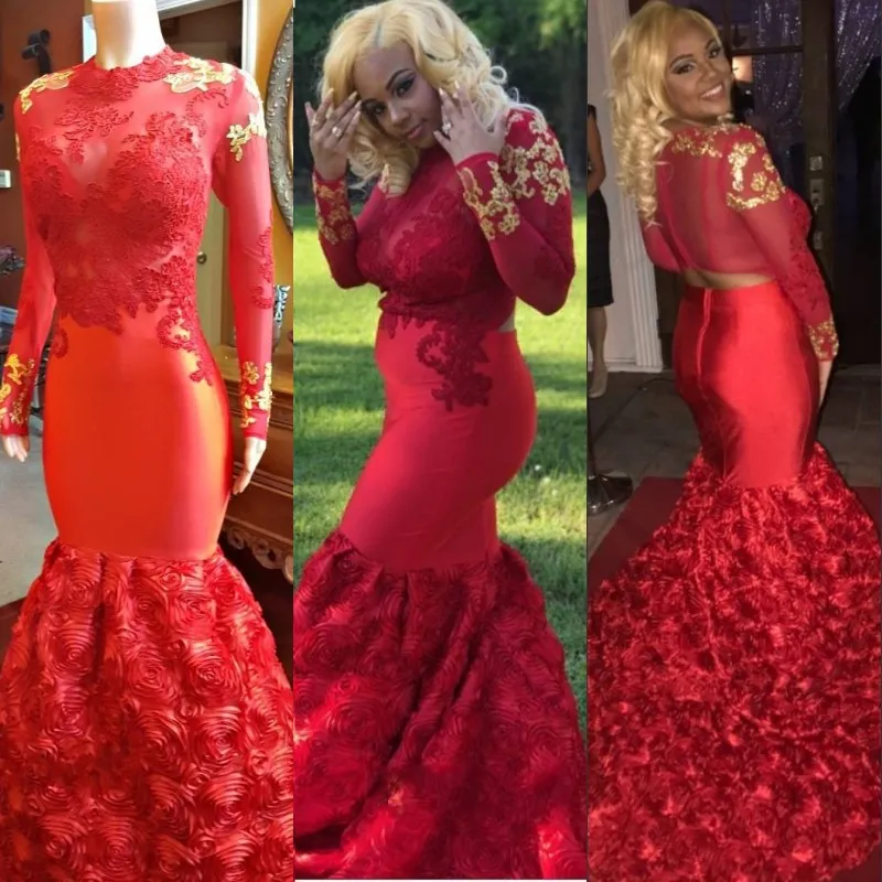 Syrenka Wysoka szyja Prom Dresses Z Złotą aplikacją Długie Rękawy Koronkowa Aplikacja Sexy Party Dress Glamorous 3D Kwiatowy Pociąg 2K18 Prom Dresses