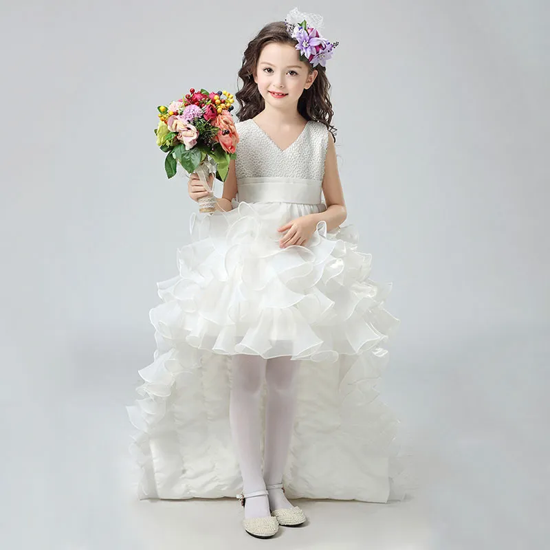 Gratis frakt Tailed Pure Girl's Pageant Dresses Color Girl Stage Dress and Flain Tail Host Lace Bow Princess Dresses HY085