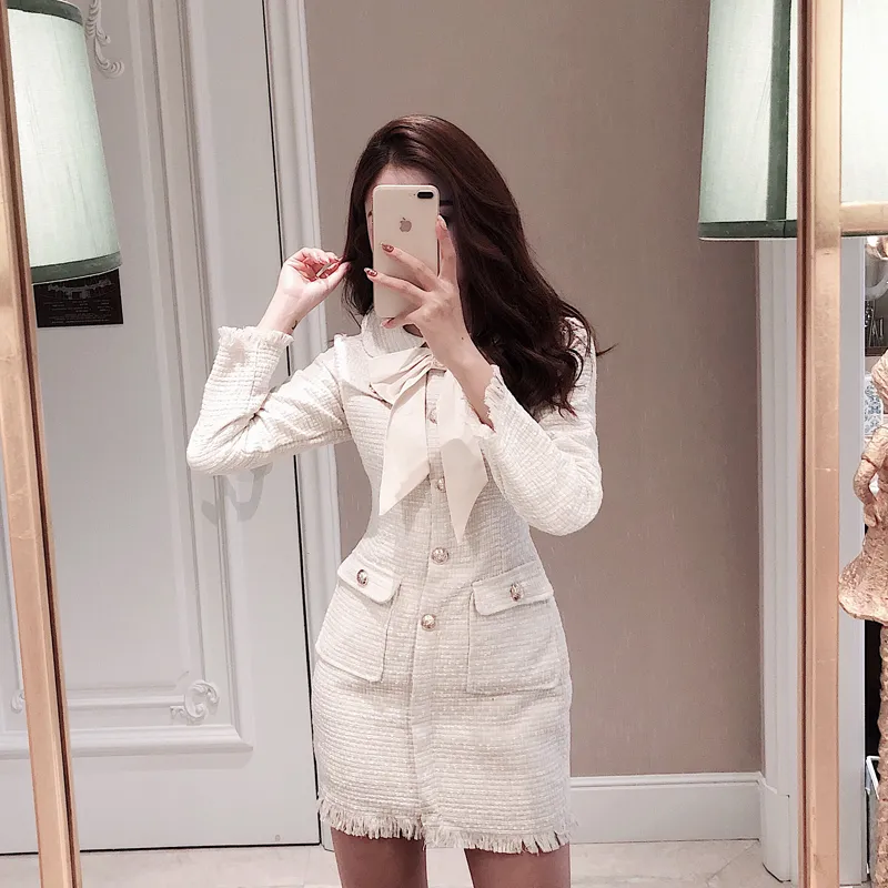 Mini Robe En Tweed Femme – Col Carré, Manches Longues, Perles, Style Rétro Chic Pour Soirée Ou Bureau
