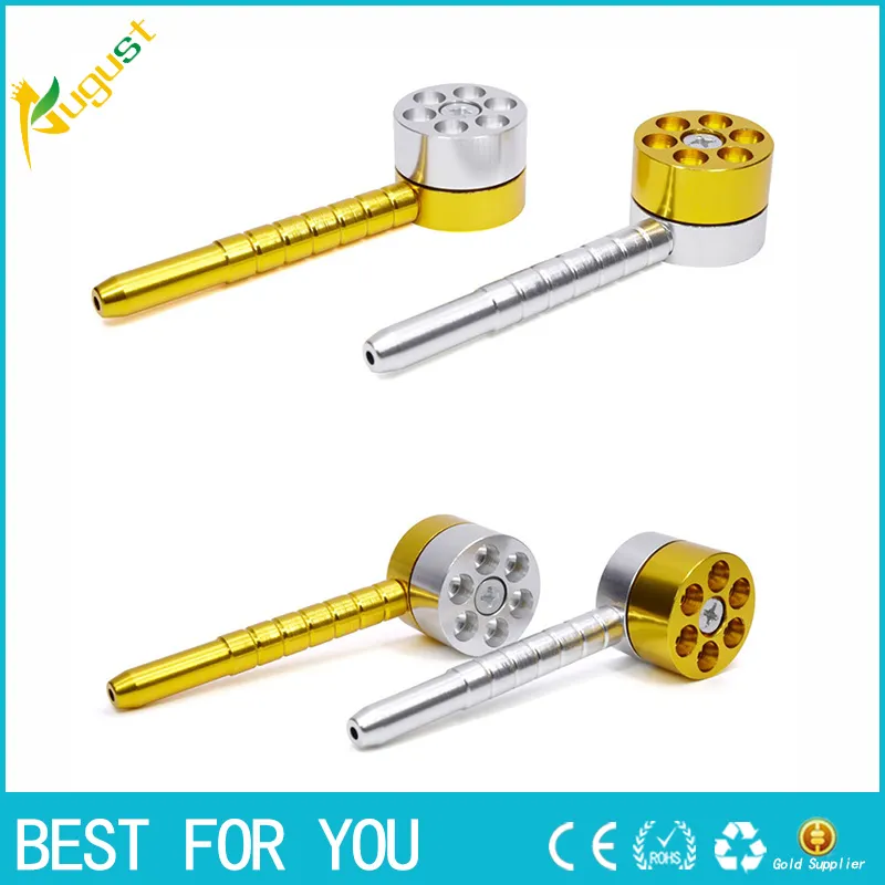 Length 12cm New Style Revolver Rotation Metal Smoking Pipe Aluminium Alloy grinder six shooter pipe smoking tobacco pipes