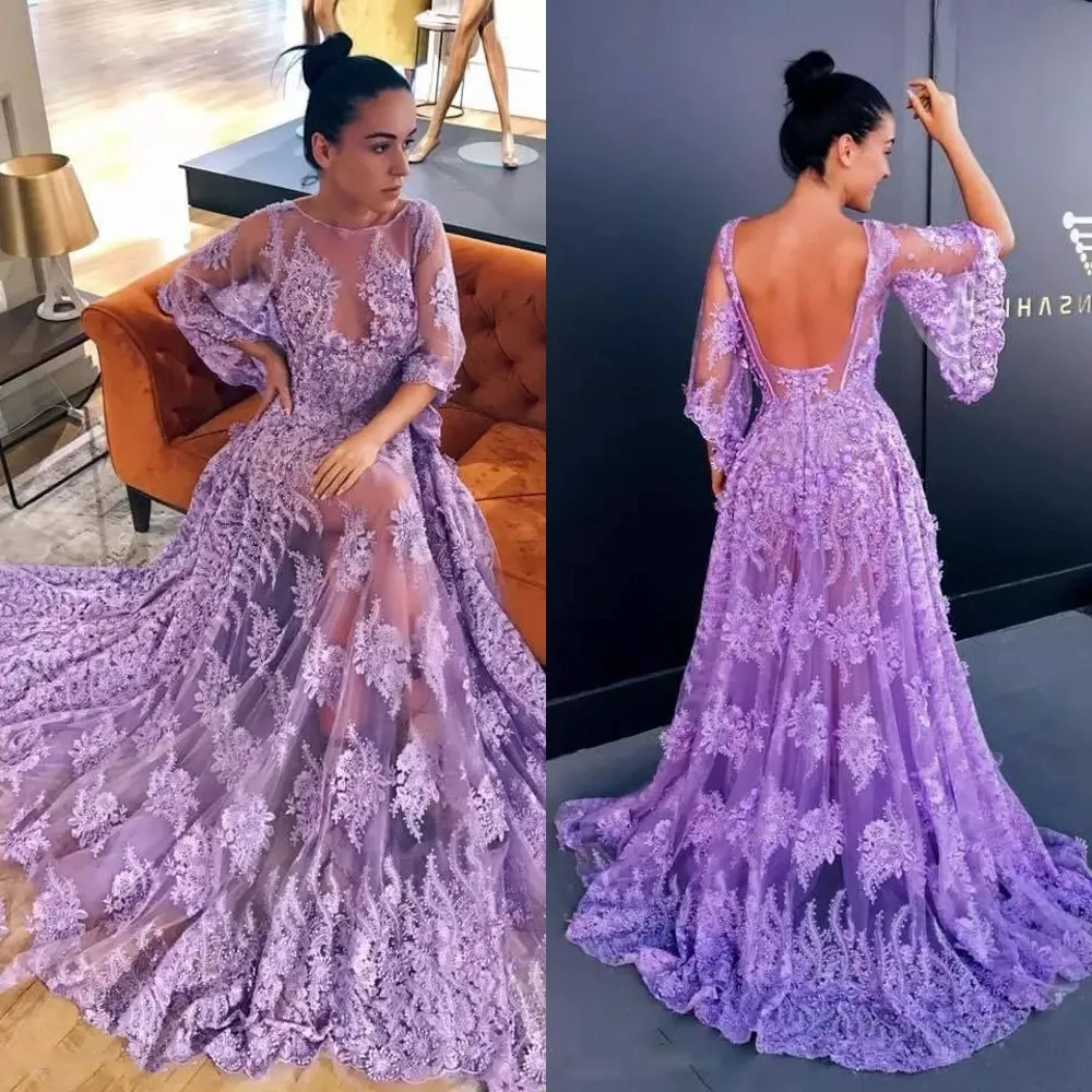 Elegante Lavender Sheer longas Prom Glamorous Lace apliques 1/2 Poeta mangas Open Back Evening vestidos 2018 Couture Vestidos de Festa