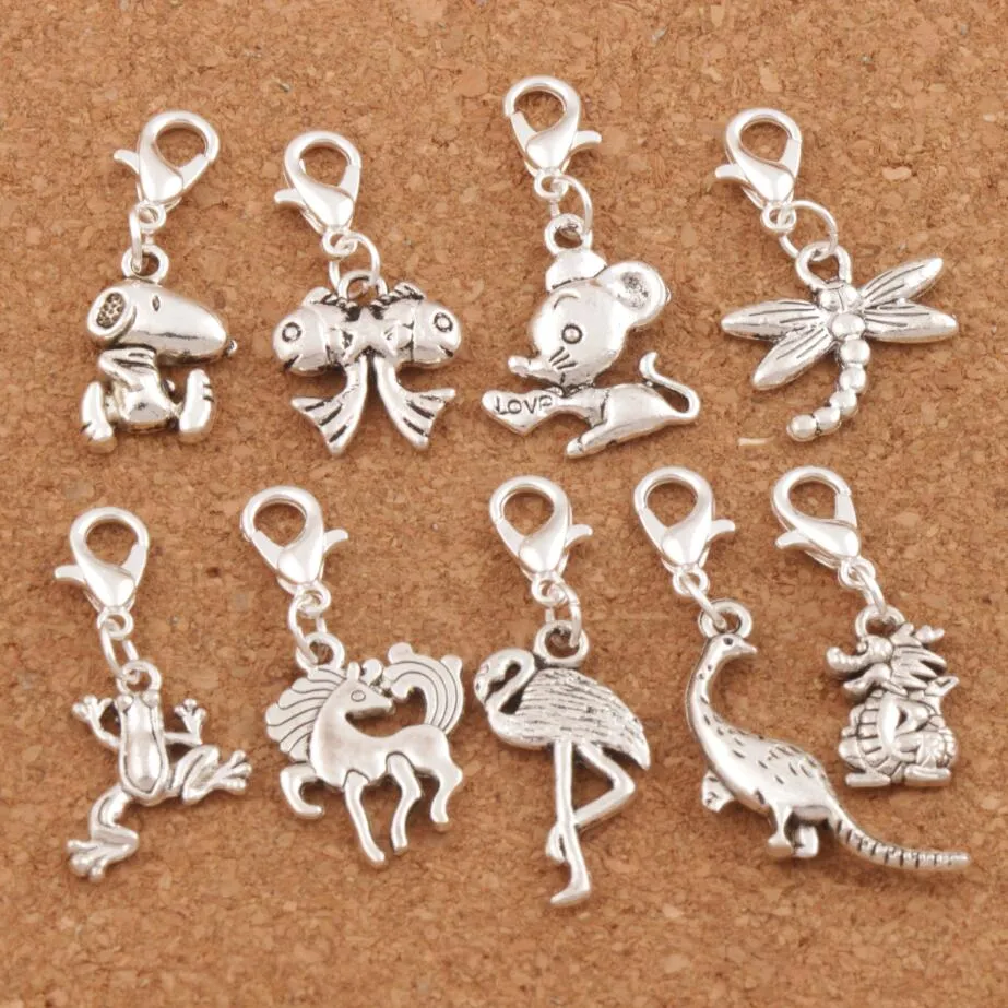 Tibetansk Silver Mix Horse Crane Fish Frog Hummer Claw Clasp Alloy Metaller Lösa pärlor Dingle Fit Halsband CM1 100PCS / Lot