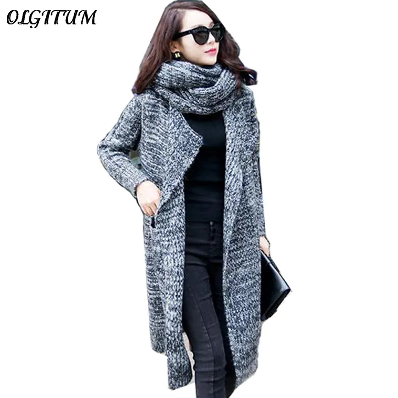 Hot sale! 2018 Women Casual Knitted Oversized Sweaters Warm Outwear Scarf Collar long Cardigans Autumn Winter Thicken Coat