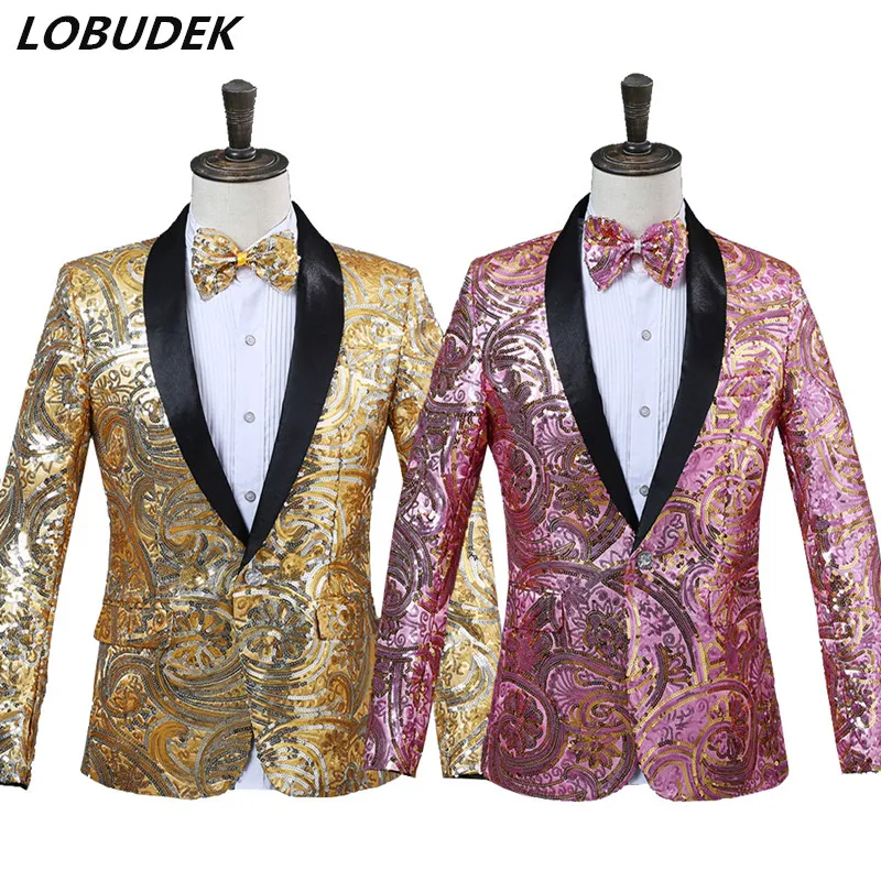 Gold Pink Fancy Sequins Suit Coat Nightclub Men Singer Stage Blazers Wedding Groom Dress Prom Host Performance Outerwear Slim Costume