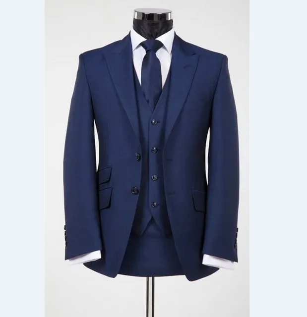 New Arrivals Two Button Blue Groom Tuxedos Groomsmen Peak Lapel Best Man Blazer Mens Wedding Suits (Jacket+Pants+Vest+Tie) H:809