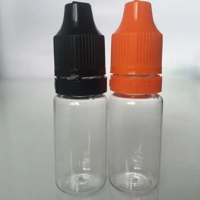 E flytande flaska 10 ml runda form pet dropper flaskor med barnsäkra kepsar för e-flytande e-juice lx1136