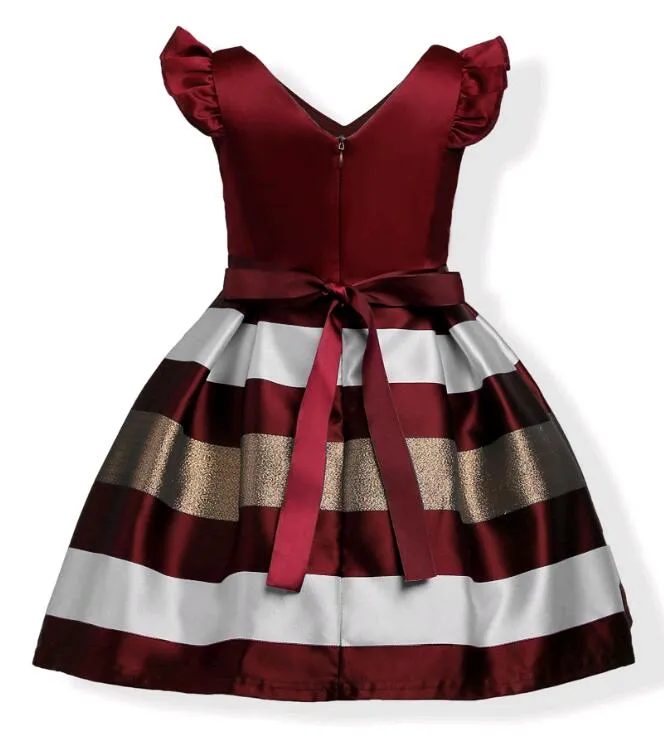 Fashion Puff Sleeves Mix Color Stripe Jacquard Party Dress for Girls Wedding Satin Europe and American Princess Dresses fit 3-10 Years kids