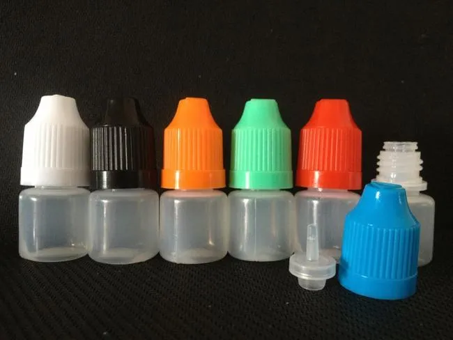 PE droppflaskor 3ml 5ml 15ml 20 ml 30ml 50 ml nålflaska med färg barnsäker keps skarp droppspets plast Eliquid