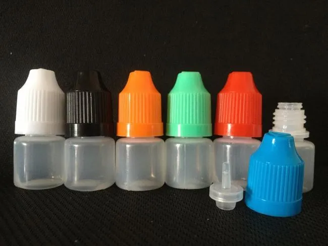 Flacons compte-gouttes PE 3ml 5ml 10ml 15ml 20ml 30ml 50ml, flacon à aiguille avec capuchon de couleur à l'épreuve des enfants, pointe compte-gouttes pointue, eliquide en plastique