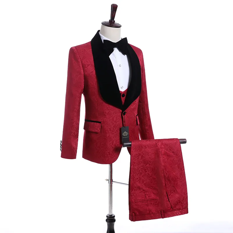 Custom Made Groomsmen Red Wzór Groom Tuxedos Szal Czarny Lapel Mężczyźni Garnitury Side Vent Wedding / Prom Best Man (Kurtka + Spodnie + Kamizelka + Krawat) K919
