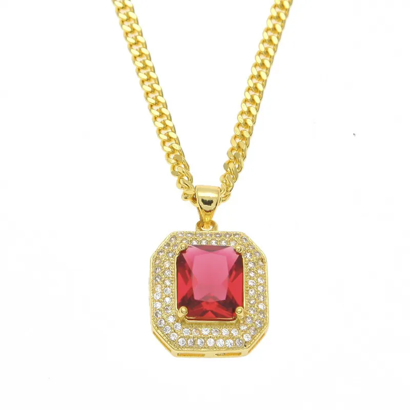 Nouvelle mode 18 carats plaqué or chaîne cubaine et synthétique Mini rouge bleu Bling Ruby pendentif collier hommes femmes Hip Hop collier bijoux