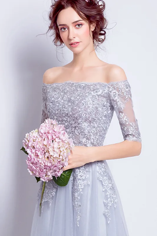 Bajkowe sukienki druhny jasnoszary miękki tiul z aplikacją bez ramiączek zamek błyskawiczny tylna herbata długość lato wesele sukienki tanio