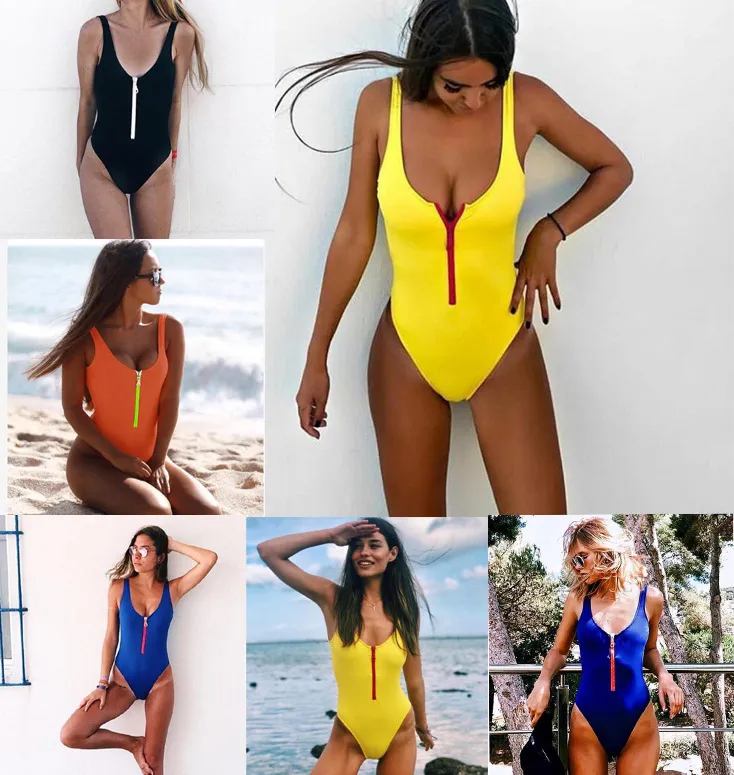 Sommer Candy Farbe Einteilige Badeanzüge Frauen Zipper Design V-ausschnitt Dünne Bikini Bademode Playsuits