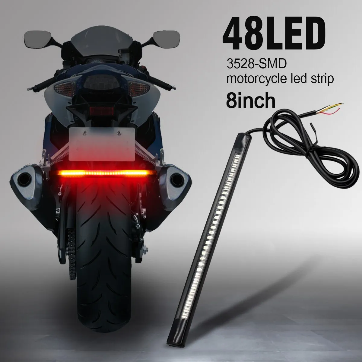 Bande de feux arrière LED pour moto, 3ème clignotant d'arrêt de frein, 48 ampoules 3528 SMD, barre d'immatriculation à plaque flexible de 8 pouces pour Harley Davidson ATV