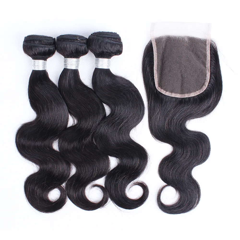 3 Bundles with 4*4 Lace Closure Peruvian Remy Hair Extension Body Wave Natural Color Brazilian Indian Malaysian Virgin Human Hair Weave