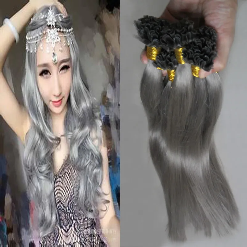 Extensões do cabelo do prego das extensões 100g do cabelo da ponta do prego do cinza de prata 100g extensões retas brasileiras virgens do cabelo humano