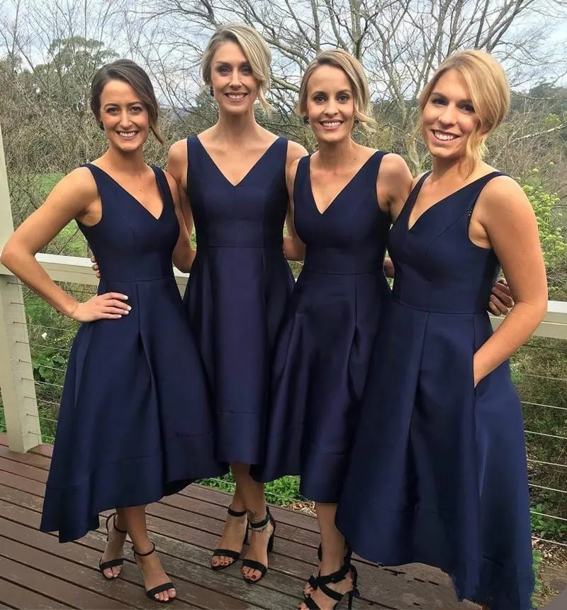 Navy Blue 2019 Bridesmaid Dresses Satin High Low V Neck Maid Of