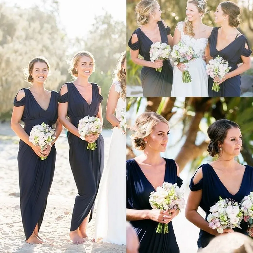 Bruidsmeisjes Jurken 2019 Navy Blue Country Beach Wedding Party Guest Jurken Front Split Junior Maid of Honour Jurk Enkle-Length