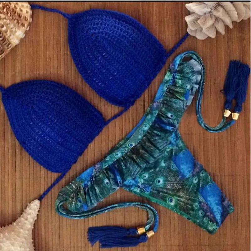 2018 neue Sexy Bikinis Frauen Bademode Gewebt Push-Up Badeanzug Halter Top Pfau Gepolsterter Badeanzug Blau Bandage Bikini Set