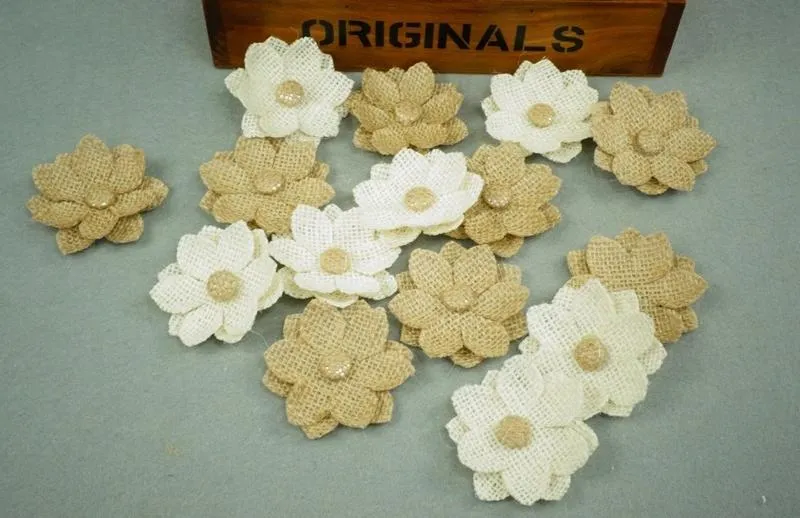 18PC Handmade Jute Hessian Burlap Flower With Lace Button DIY Craft Rustic Wedding Decor Vintage Christmas Wedding Centerpiece